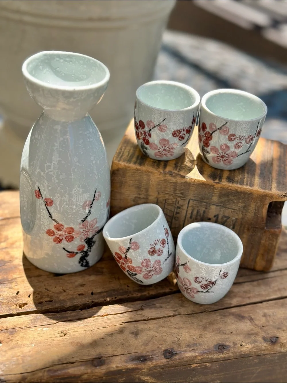 Japanese Style Ceramic Sake Set Tokkuri & 4 Cups Plum Blossom Decor NWOT